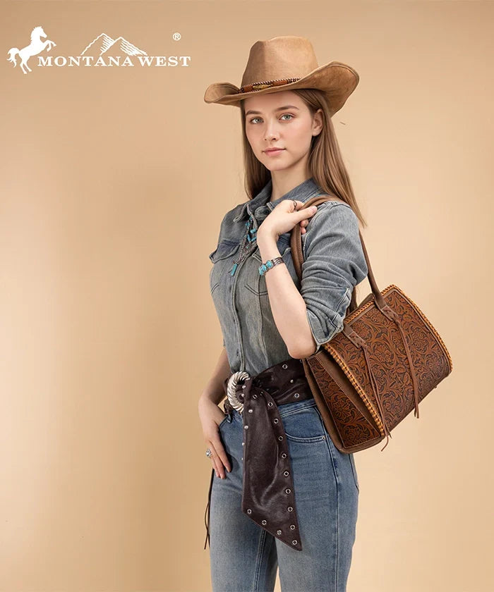 Montana West Floral Tooled Tote Bag