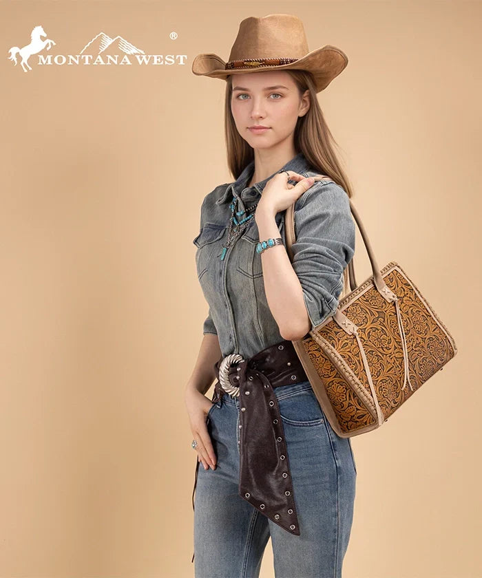Montana West Floral Tooled Tote Bag
